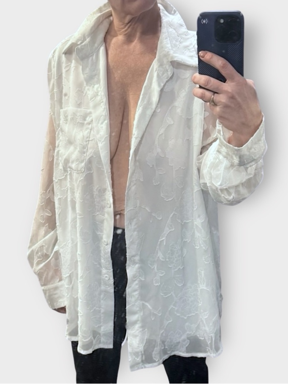 PrettyGarden Sheer Burnout Floral Button Down Blouse XL Ivory Romantic Boho Top